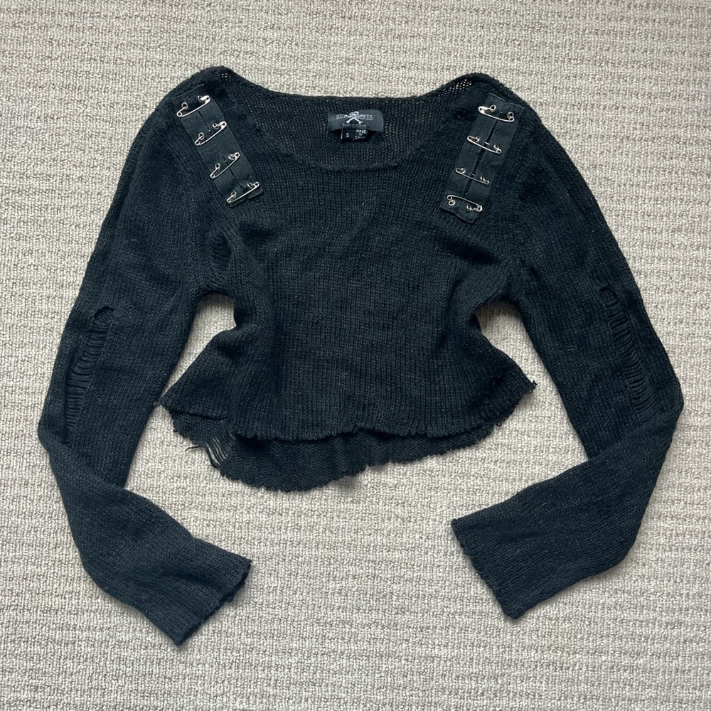 Black goth distressed sweater with safety pins